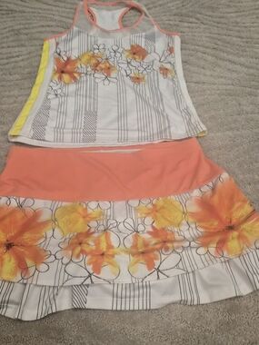 Lucky in Love 2 Piece - White and Coral Tennis Tank with Tennis Skirt - S/M